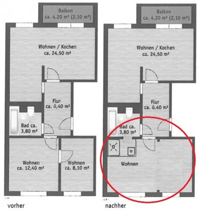 Umbau 3-Raum-Wohnung zu 2-Raum-Wohnung